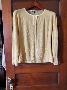 Saks Fifth Avenue Beige White-Trim Button Front Cardigan